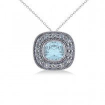 Aquamarine & Diamond Halo Cushion Pendant Necklace 14k White Gold (1.23ct)