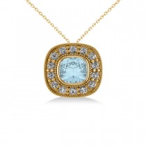 Aquamarine & Diamond Halo Cushion Pendant Necklace 14k Yellow Gold (1.23ct)