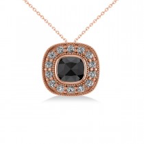 Black Diamond & Diamond Halo Cushion Pendant Necklace 14k Rose Gold (1.26ct)