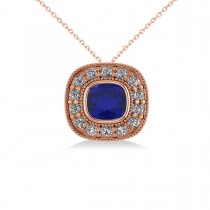 Blue Sapphire & Diamond Halo Cushion Pendant Necklace 14k Rose Gold (1.62ct)