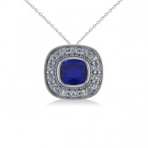 Blue Sapphire & Diamond Halo Cushion Pendant Necklace 14k White Gold (1.62ct)