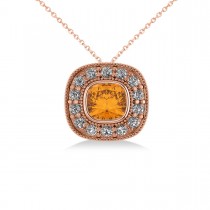 Citrine & Diamond Halo Cushion Pendant Necklace 14k Rose Gold (1.27ct)