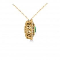 Emerald & Diamond Halo Cushion Pendant Necklace 14k Yellow Gold (1.22ct)