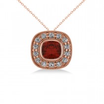 Garnet & Diamond Halo Cushion Pendant Necklace 14k Rose Gold (1.62ct)