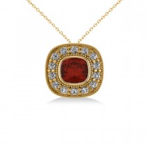 Garnet & Diamond Halo Cushion Pendant Necklace 14k Yellow Gold (1.62ct)