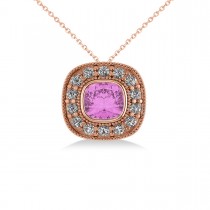Pink Sapphire & Diamond Halo Cushion Pendant Necklace 14k Rose Gold (1.62ct)