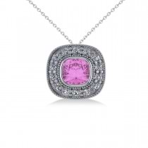 Pink Sapphire & Diamond Halo Cushion Pendant Necklace 14k White Gold (1.62ct)