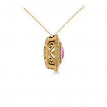 Pink Sapphire & Diamond Halo Cushion Pendant Necklace 14k Yellow Gold (1.62ct)
