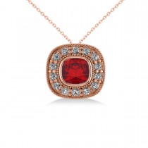 Ruby & Diamond Halo Cushion Pendant Necklace 14k Rose Gold (1.62ct)