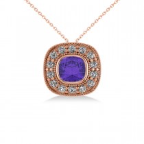 Tanzanite & Diamond Halo Cushion Pendant Necklace 14k Rose Gold (1.62ct)