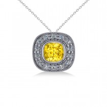 Yellow Sapphire & Diamond Halo Cushion Pendant Necklace 14k White Gold (1.62ct)