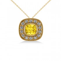 Yellow Sapphire & Diamond Halo Cushion Pendant Necklace 14k Yellow Gold (1.62ct)