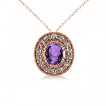 Amethyst & Diamond Halo Oval Pendant Necklace 14k Rose Gold (1.27ct)