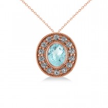 Aquamarine & Diamond Halo Oval Pendant Necklace 14k Rose Gold (1.17ct)