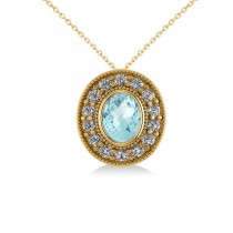 Aquamarine & Diamond Halo Oval Pendant Necklace 14k Yellow Gold (1.17ct)