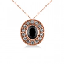 Black Diamond & Diamond Halo Oval Pendant Necklace 14k Rose Gold (1.18ct)