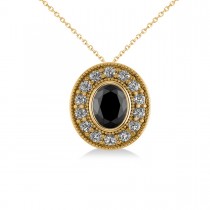 Black Diamond & Diamond Halo Oval Pendant Necklace 14k Yellow Gold (1.18ct)