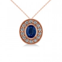 Blue Sapphire & Diamond Halo Oval Pendant Necklace 14k Rose Gold (1.42ct)
