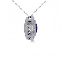 Blue Sapphire & Diamond Halo Oval Pendant Necklace 14k White Gold (1.42ct)