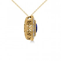 Blue Sapphire & Diamond Halo Oval Pendant Necklace 14k Yellow Gold (1.42ct)