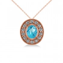 Blue Topaz & Diamond Halo Oval Pendant Necklace 14k Rose Gold (1.52ct)