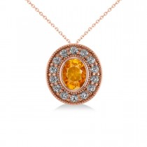 Citrine & Diamond Halo Oval Pendant Necklace 14k Rose Gold (1.27ct)