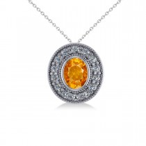 Citrine & Diamond Halo Oval Pendant Necklace 14k White Gold (1.27ct)