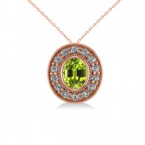 Peridot & Diamond Halo Oval Pendant Necklace 14k Rose Gold (1.37ct)