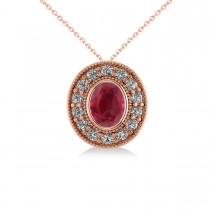 Ruby & Diamond Halo Oval Pendant Necklace 14k Rose Gold (1.48ct)
