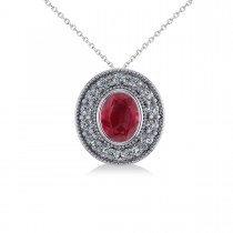 Ruby & Diamond Halo Oval Pendant Necklace 14k White Gold (1.48ct)