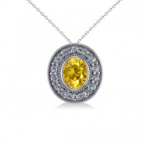 Yellow Sapphire & Diamond Halo Oval Pendant Necklace 14k White Gold (1.42ct)