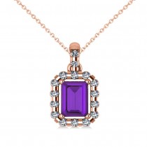Diamond & Emerald Cut Amethyst Halo Pendant Necklace 14k Rose Gold (1.24ct)