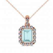 Diamond & Emerald Cut Aquamarine Halo Pendant Necklace 14k Rose Gold (1.04ct)