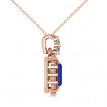 Diamond & Emerald Cut Blue Sapphire Halo Pendant Necklace 14k Rose Gold (1.39ct)