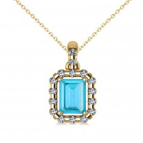 Diamond & Emerald Cut Blue Topaz Halo Pendant Necklace 14k Yellow Gold (1.49ct)