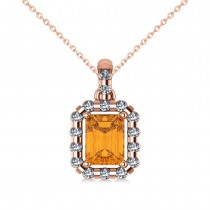 Diamond & Emerald Cut Citrine Halo Pendant Necklace 14k Rose Gold (1.24ct)