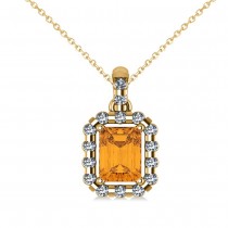 Diamond & Emerald Cut Citrine Halo Pendant Necklace 14k Yellow Gold (1.24ct)