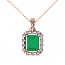 Diamond & Emerald Cut Emerald Halo Pendant Necklace 14k Rose Gold (1.14ct)