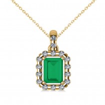 Diamond & Emerald Cut Emerald Halo Pendant Necklace 14k Yellow Gold (1.14ct)
