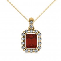 Diamond & Emerald Cut Garnet Halo Pendant Necklace 14k Yellow Gold (1.44ct)