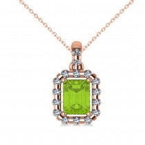 Diamond & Emerald Cut Peridot Halo Pendant Necklace 14k Rose Gold (1.24ct)