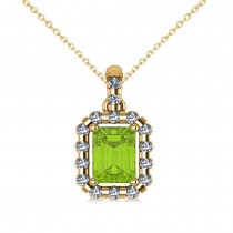 Diamond & Emerald Cut Peridot Halo Pendant Necklace 14k Yellow Gold (1.24ct)