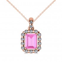 Diamond & Emerald Cut Pink Sapphire Halo Pendant Necklace 14k Rose Gold (1.39ct)