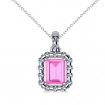 Diamond & Emerald Cut Pink Sapphire Halo Pendant 14k White Gold (1.39ct)