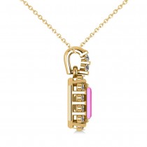 Diamond & Emerald Cut Pink Sapphire Halo Pendant Necklace 14k Yellow Gold (1.39ct)