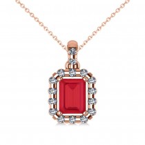 Diamond & Emerald Cut Ruby Halo Pendant Necklace 14k Rose Gold (1.39ct)