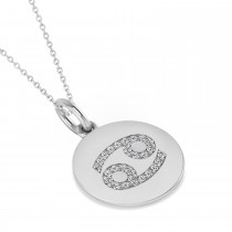 Diamond Cancer Zodiac Disk Pendant Necklace 14k White Gold (0.13ct)
