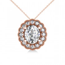 Diamond Floral Oval Halo Pendant Necklace 14k Rose Gold (2.48ct)