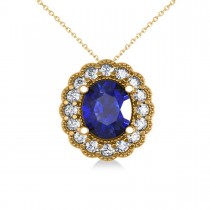 Blue Sapphire & Diamond Floral Oval Pendant 14k Yellow Gold (2.98ct)