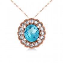 Blue Topaz & Diamond Floral Oval Pendant Necklace 14k Rose Gold (2.98ct)